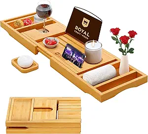 ROYAL CRAFT WOOD Premium Foldable Bathtub Tray - Wood Bath Tray for Tub, Bamboo Shelf, Expandable Bath Table Trays, Bathtub & Bathroom Accessories for New Home & Mothers Day & Birthday Gifts for Mom